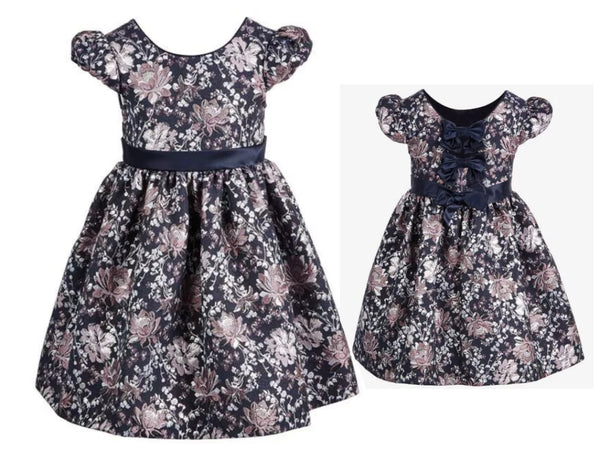 silver and navy girls bow dress