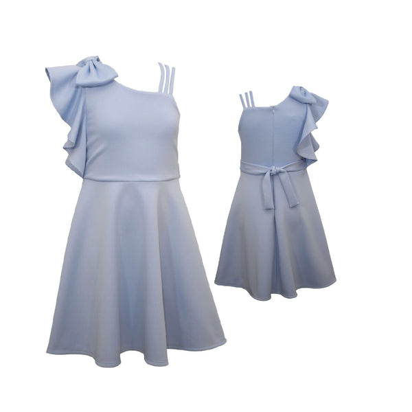 Seline baby blue skater style dress with ruffle shoulder & bow