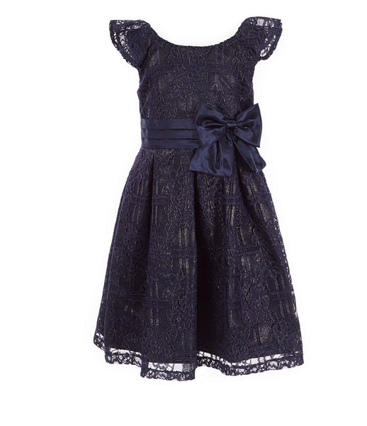 Olivia - Navy Frill Lace Dress with Bow