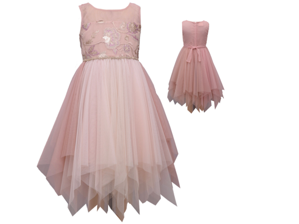 rose gold pink hankerchief tulle dress