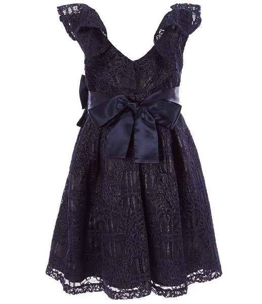 Olivia - Navy Frill Lace Dress with Bow